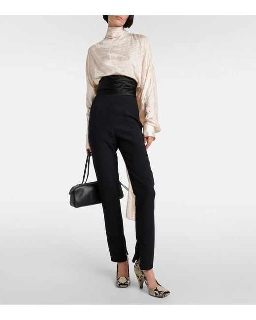 Khaite Blue Lenro Satin-Trimmed High-Rise Slim Pants