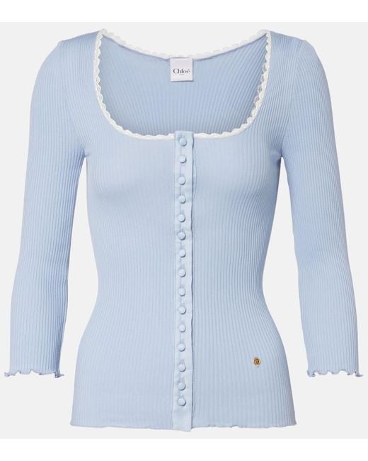Chloé Blue Lace-Trimmed Ribbed-Knit Cotton Cardigan