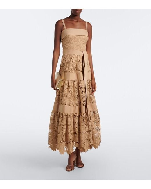 Elie Saab Natural Belted Tiered Guipure Lace Maxi Dress
