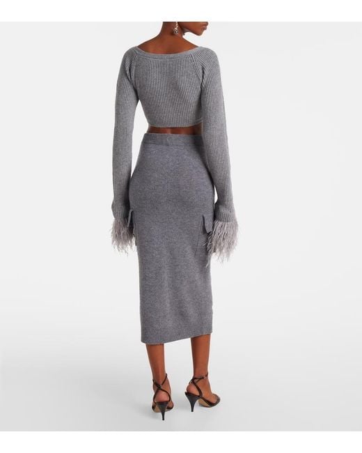 Blumarine Gray Cropped Ribbed-Knit Wool Cardigan
