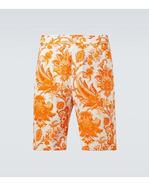 Etro Orange Paisley Linen Bermuda Shorts for men