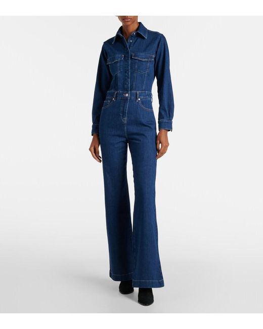 7 For All Mankind Blue Flared Denim Jumpsuit