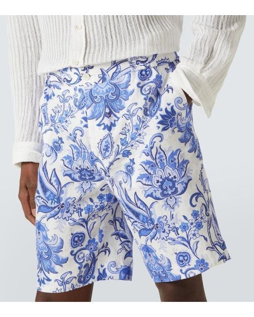 Etro Blue Paisley Linen Bermuda Shorts for men