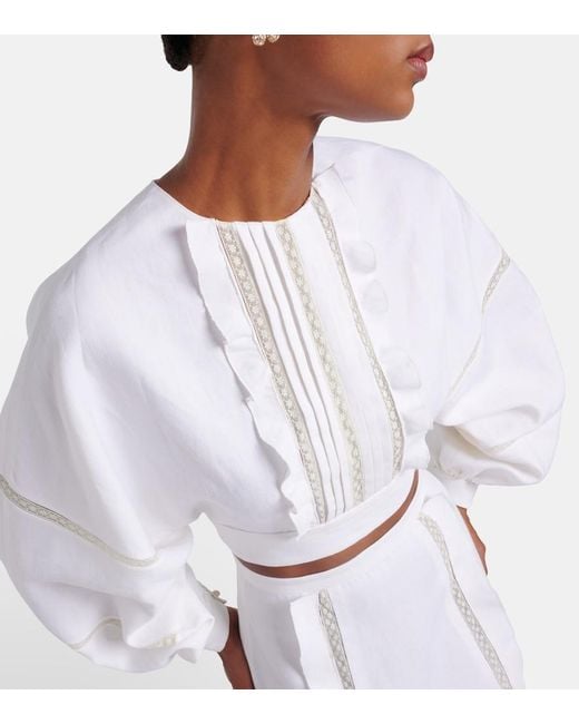 Valentino White Lace-Trimmed Open-Back Linen Blouse