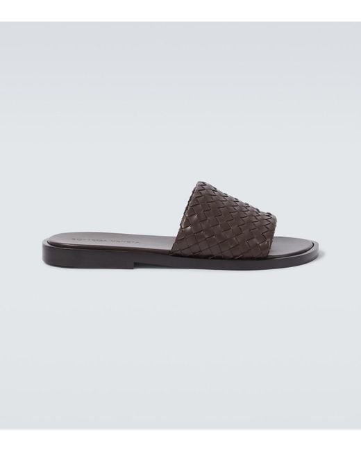 Bottega Veneta Brown Elio Intrecciato Leather Slides for men
