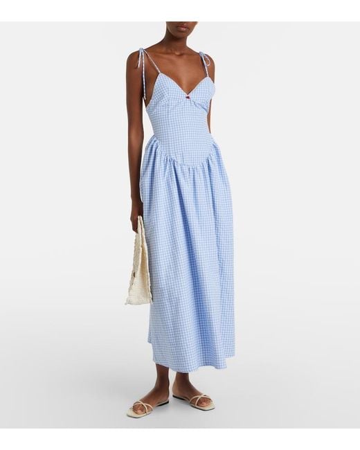 Bananhot Blue Paloma Gingham Cotton Poplin Maxi Dress