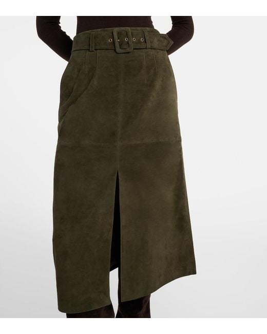 Veronica Beard Green Alexie Belted Suede Midi Skirt