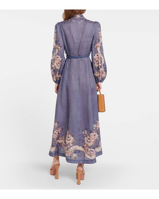 Zimmermann Purple Vitali Abstract-print Mandarin-collar Linen Maxi Dress