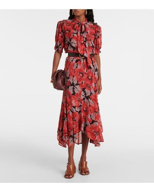 Polo Ralph Lauren Red Floral Georgette Midi Dress