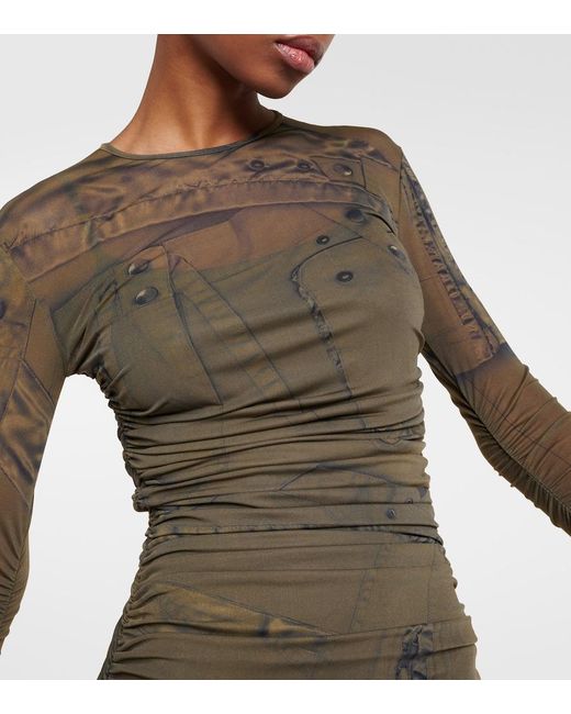 Blumarine Green Printed Ruched Jersey Maxi Dress