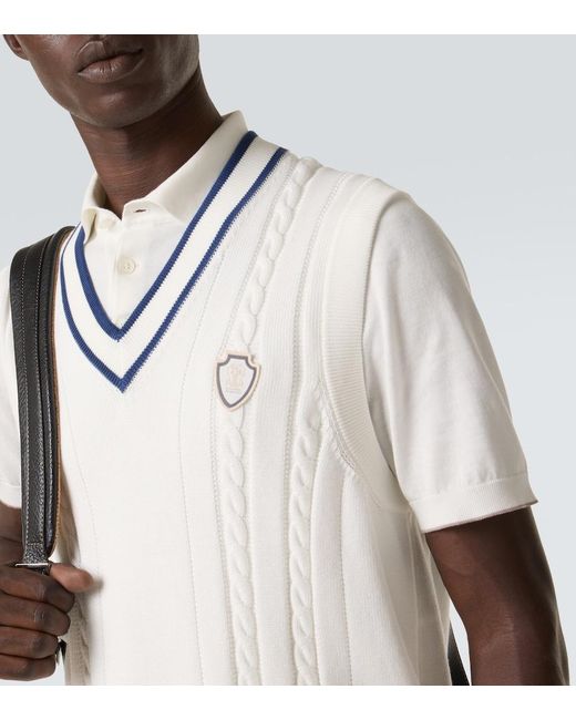 Brunello Cucinelli White Cable-Knit Embroidered Cotton Sweater Vest for men