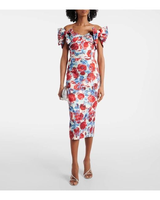 Rebecca Vallance Red Fleurette Floral Taffeta Midi Dress