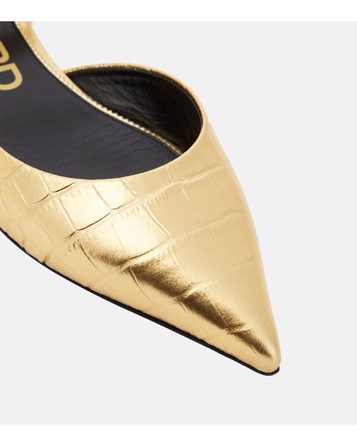 Tom Ford Metallic Padlock Croc-Effect Ballet Flats