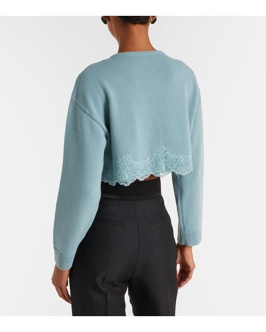 Valentino Blue Lace-Trimmed Cropped Virgin Wool Cardigan