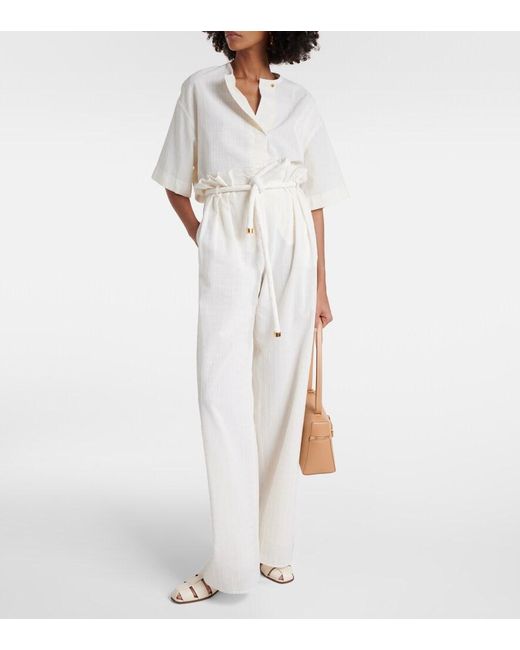 Loro Piana White Tristin Checked Cotton-Blend Wide-Leg Pants
