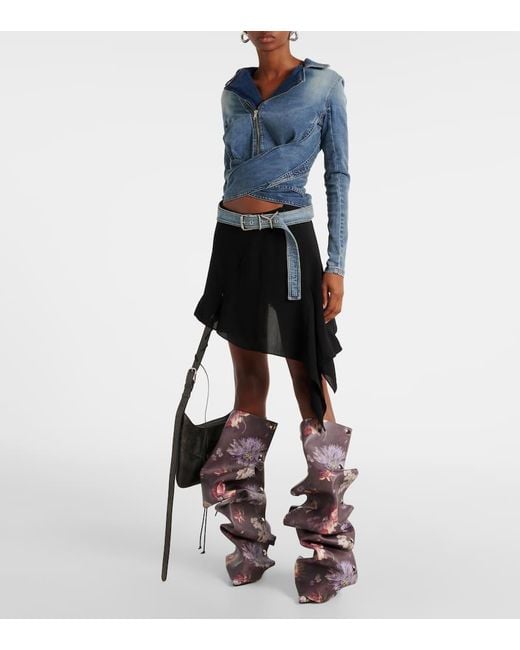 Y. Project Black Snap 100 Floral Leather Knee-High Boots