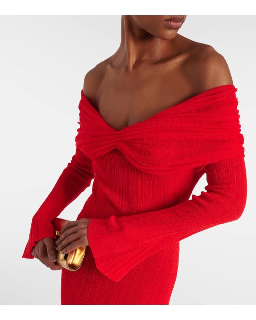 AYA MUSE Red Off-shoulder Linen-blend Maxi Dress