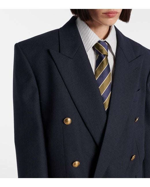 Saint Laurent Blue Double-Breasted Wool Chine Blazer