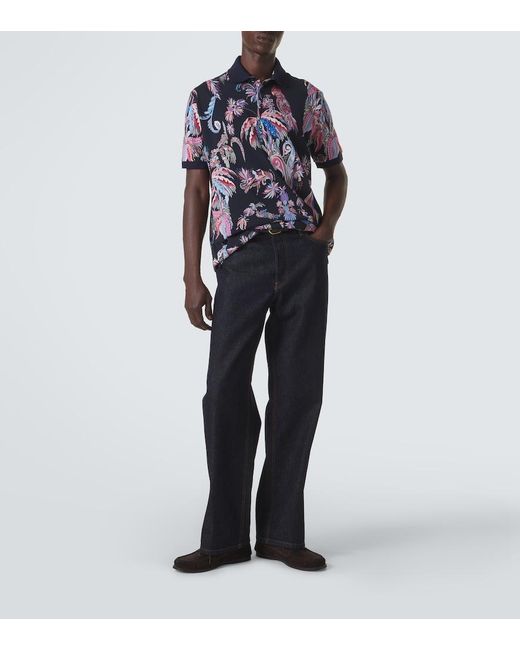 Etro Blue Printed Cotton Pique Polo Shirt for men
