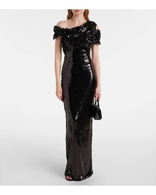 Marmar Halim Black Asymmetric Sequined Gown