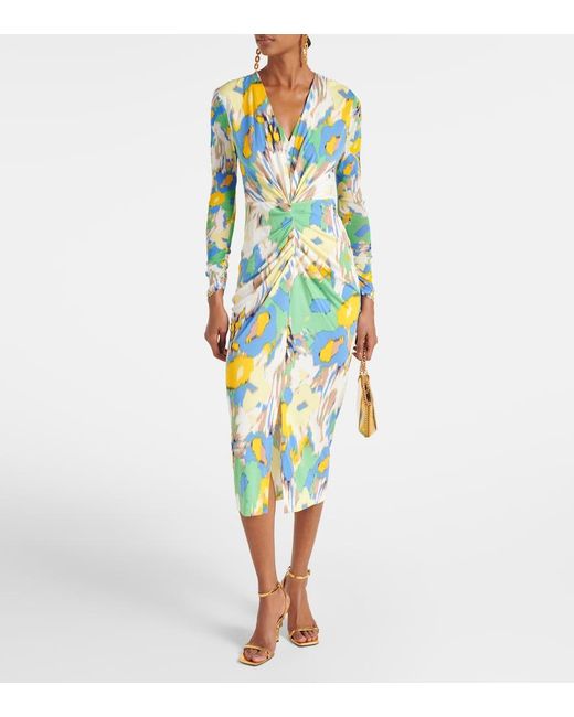 Diane von Furstenberg Blue Hades Printed Ruched Jersey Midi Dress