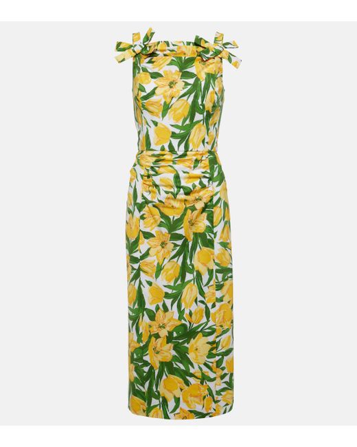 Carolina Herrera Green Floral Ruched Poplin Midi Dress
