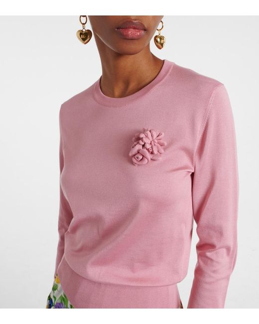 Dolce & Gabbana Pink Long-Sleeved Silk Sweater With Flower Embellishment
