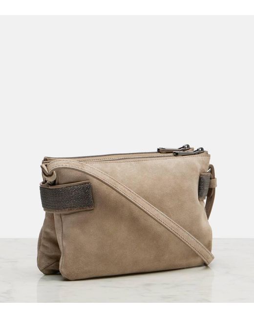 Brunello Cucinelli Brown Essence Monili Small Suede Shoulder Bag