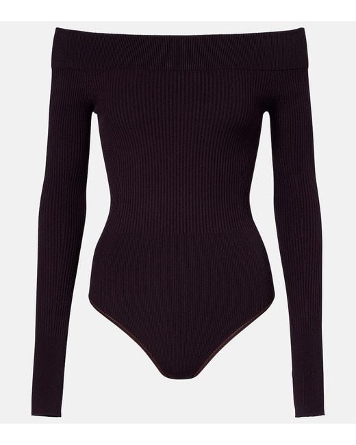 Alaïa Blue Ribbed-Knit Off-Shoulder Bodysuit