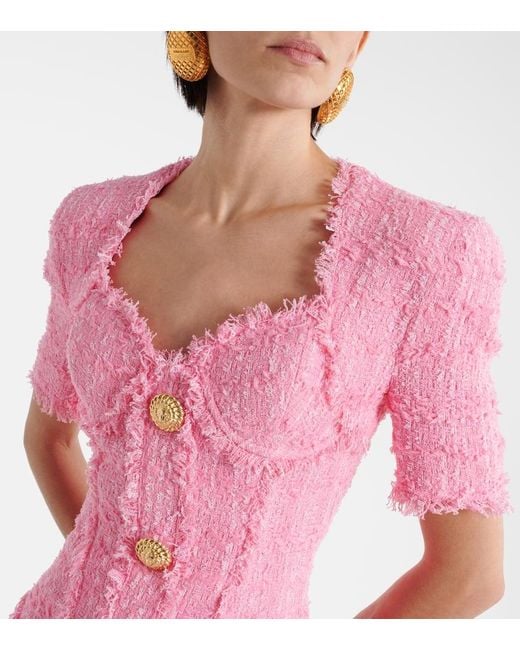 Miniabito in tweed di misto cotone di Balmain in Pink