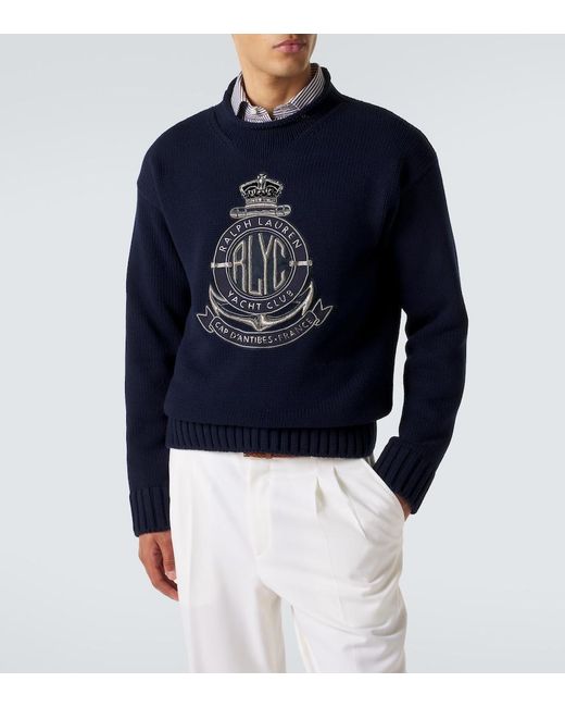 Ralph Lauren Blue Embroidered Cotton Sweater for men