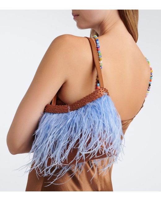 Staud Blue Winslow Feather-Trimmed Shoulder Bag