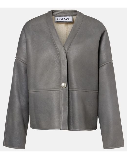 Loewe Gray Pebble Shearling-Lined Leather Jacket