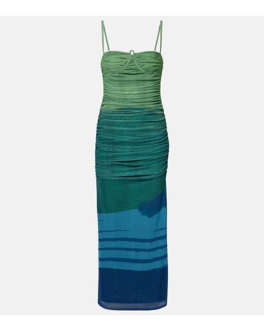 Sir Green Draped Printed Mesh Maxi Dress