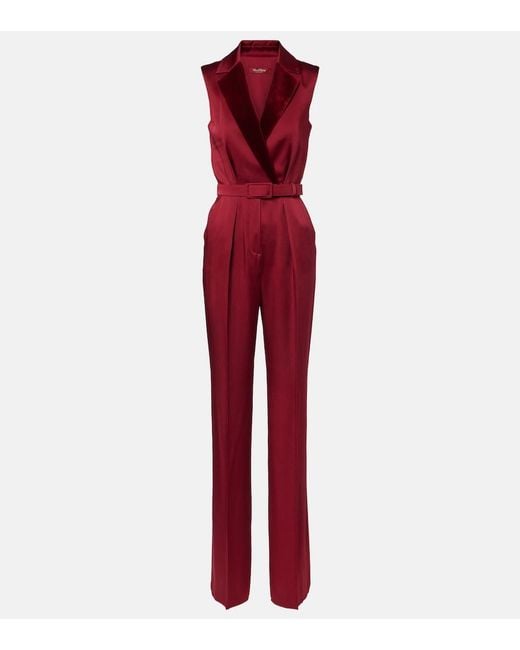 Max Mara Red Scalata Velvet-Trimmed Satin Jumpsuit