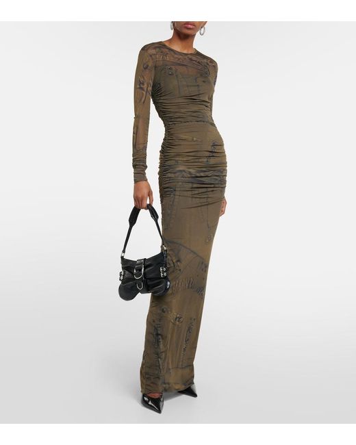 Blumarine Green Printed Ruched Jersey Maxi Dress