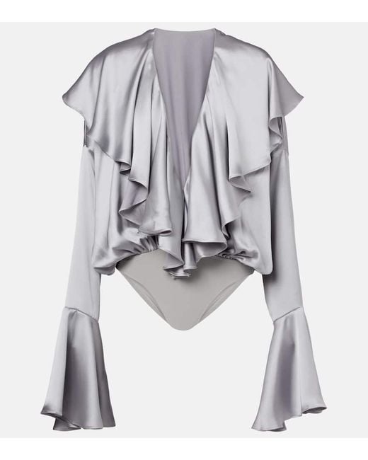 Norma Kamali Gray Ruffled Satin Bodysuit