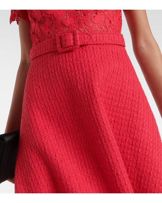 Oscar de la Renta Red Gardenia Guipure And Tweed Midi Dress