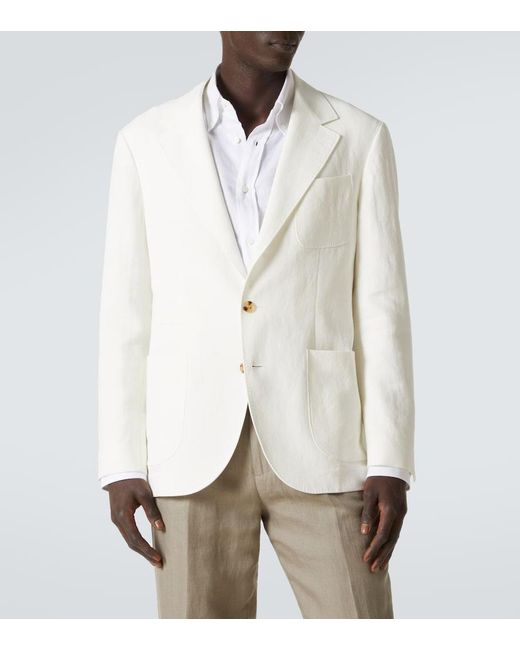 Brunello Cucinelli White Single-Breasted Linen Blazer for men