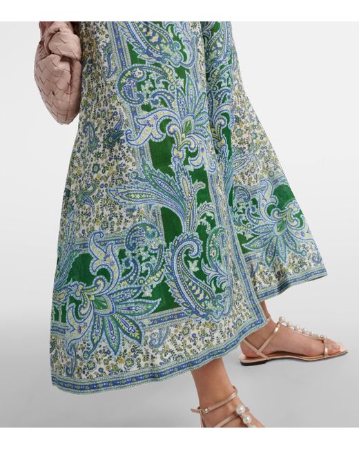 Zimmermann Green Ottie Plunge Paisley Linen Midi Dress