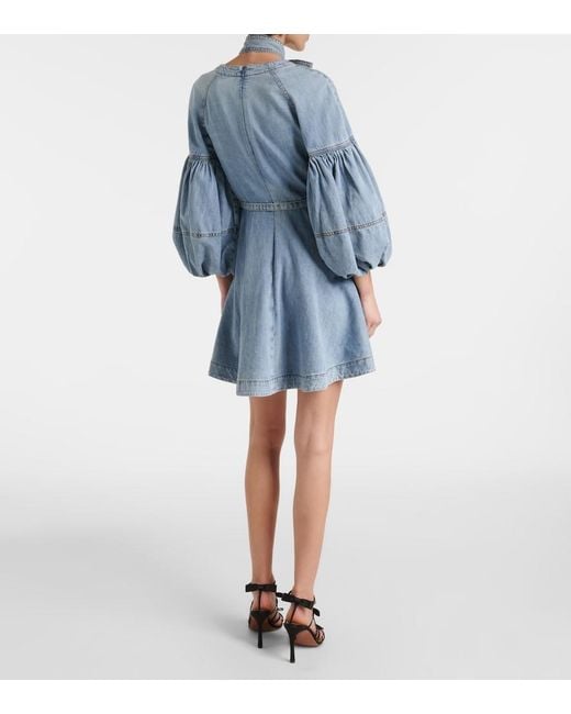Zimmermann Blue Tie-Neck Puff-Sleeve Denim Minidress