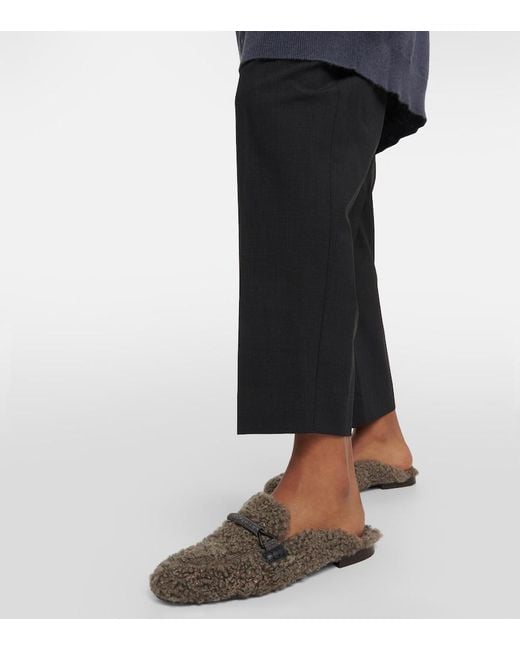 Brunello Cucinelli Brown Embellished Shearling Slippers