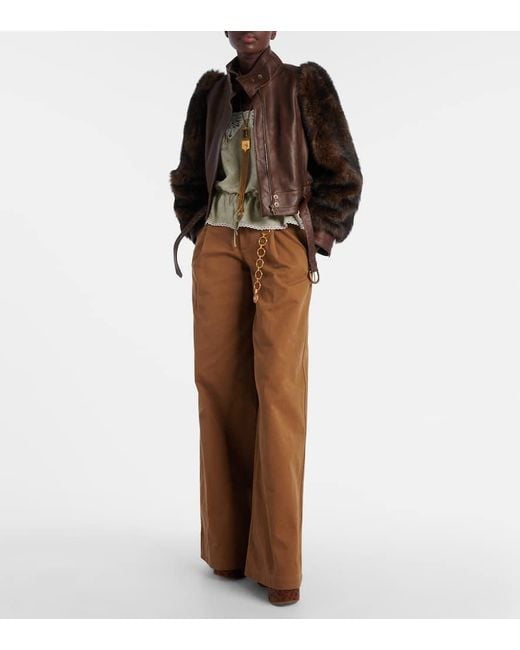 Chaqueta Cropped De Piel Con Borrego Chloé de color Brown