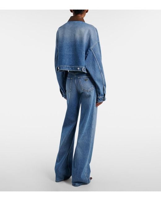 Prada Blue Leather-Trimmed Cropped Denim Jacket