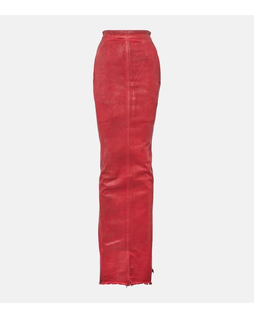 Rick Owens Red Dirt Pillar Coated Denim Maxi Skirt