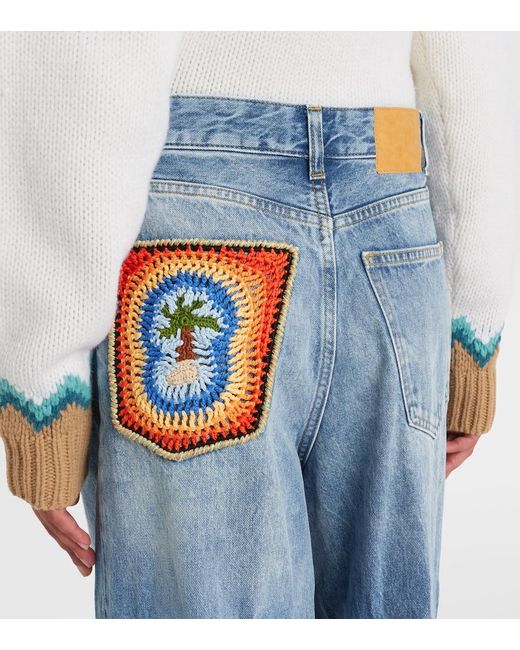 Alanui Blue Sunny Crochet Wide-Leg Jeans