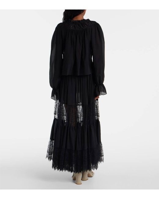 Chloé Black Gathered Lace-Trimmed Silk Georgette Blouse