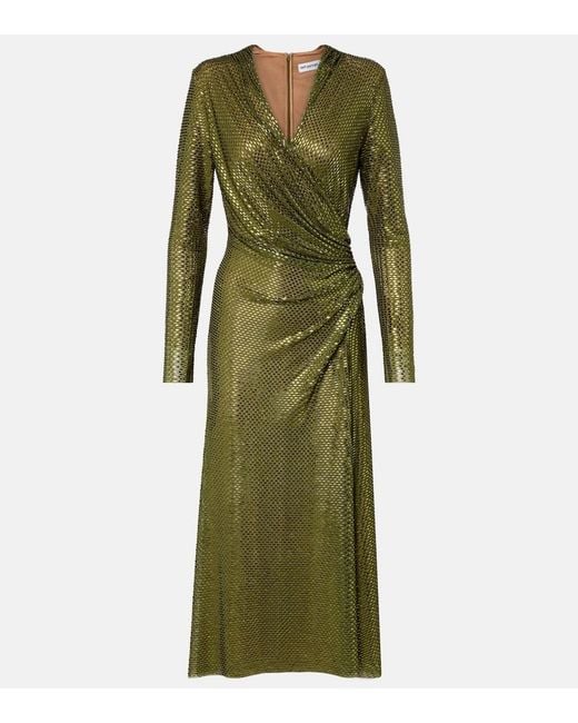 Self-Portrait Green Gathered Rhinestone-Embellished Midi Dress