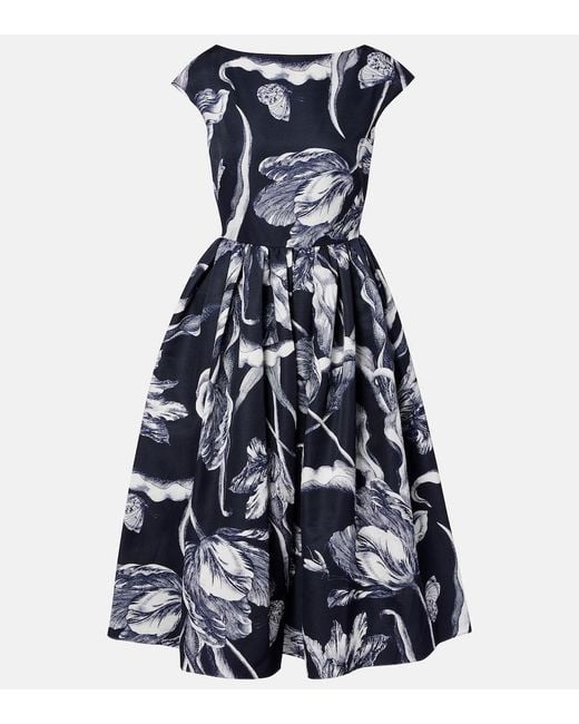 Erdem Blue Floral Cotton-Blend Faille Midi Dress