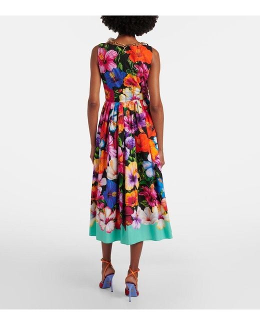 Dolce & Gabbana Red Floral Cotton Midi Dress